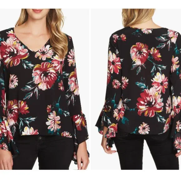 NWT 1.State Floral Print Cascade Long Sleeve Blouse Women's Sz Small - Black - Picture 2 of 2